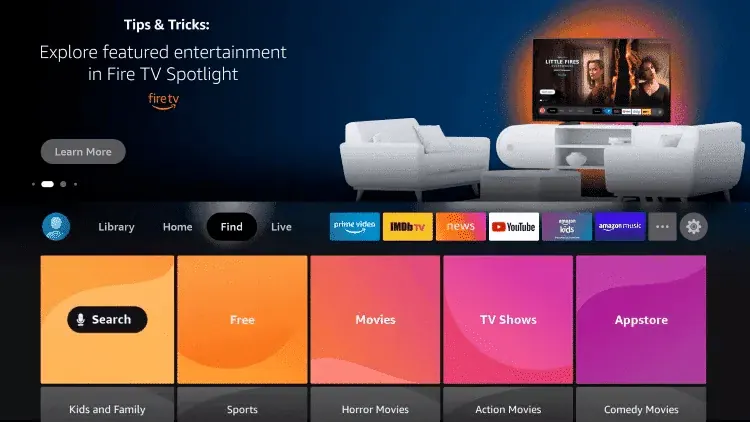 Find menu on the Fire TV home screen