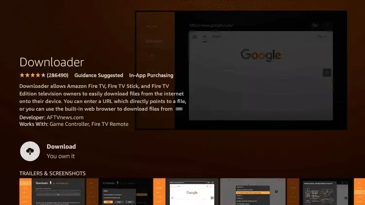 Downloader app page with the Download button