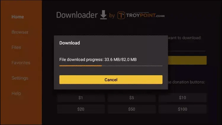 Downloader showing the download progress