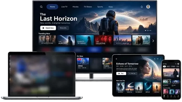 TV, laptop, tablet and phone showing the IPTV US app