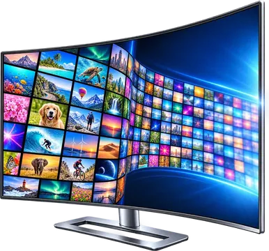Curved TV showing a wall of live IPTV channels