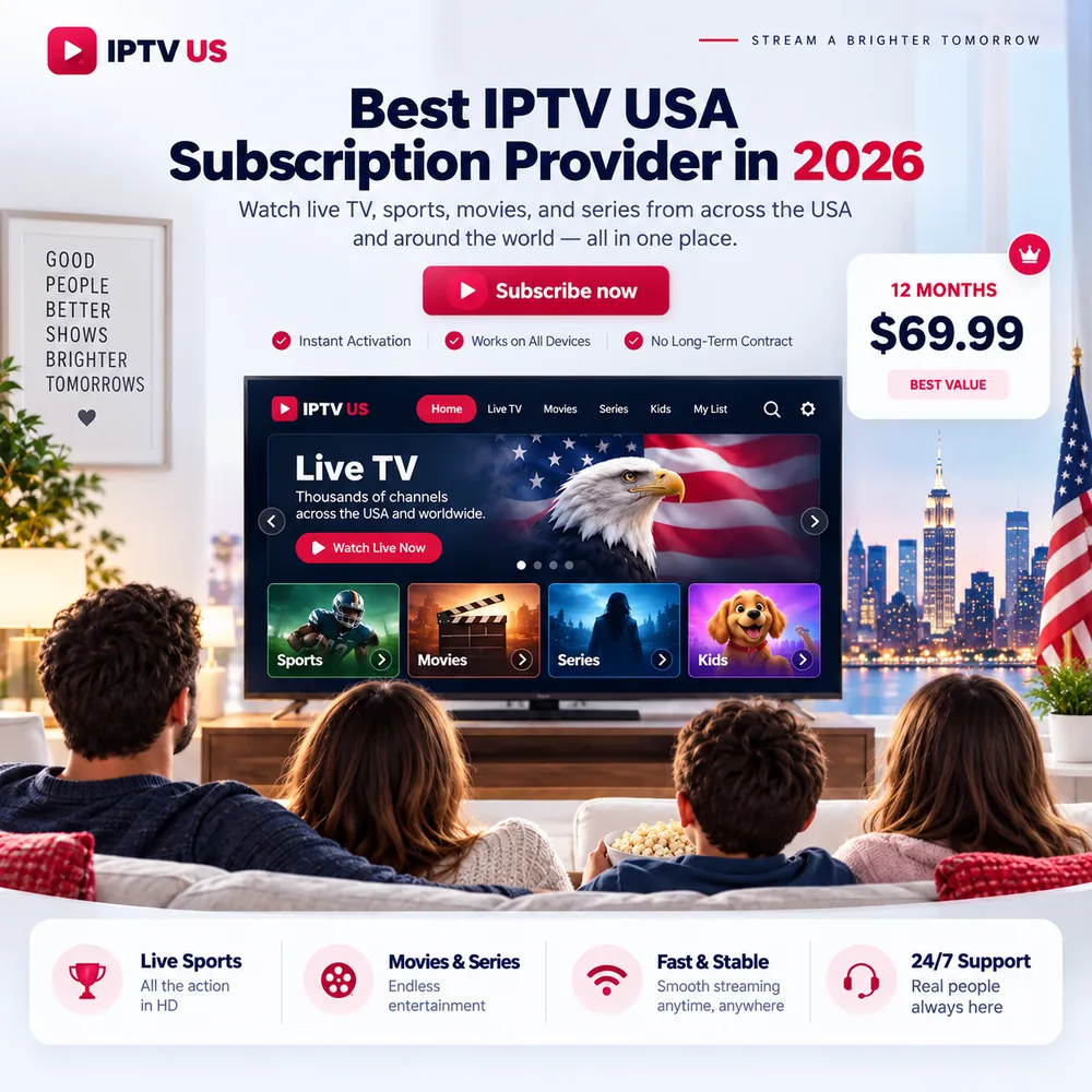 Family watching live sports, movies and series with IPTV USA