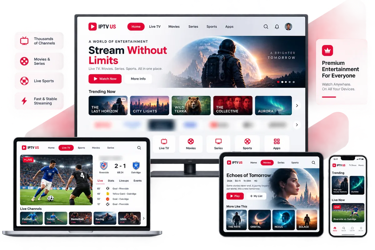 IPTV US playing on a TV, laptop, tablet and phone